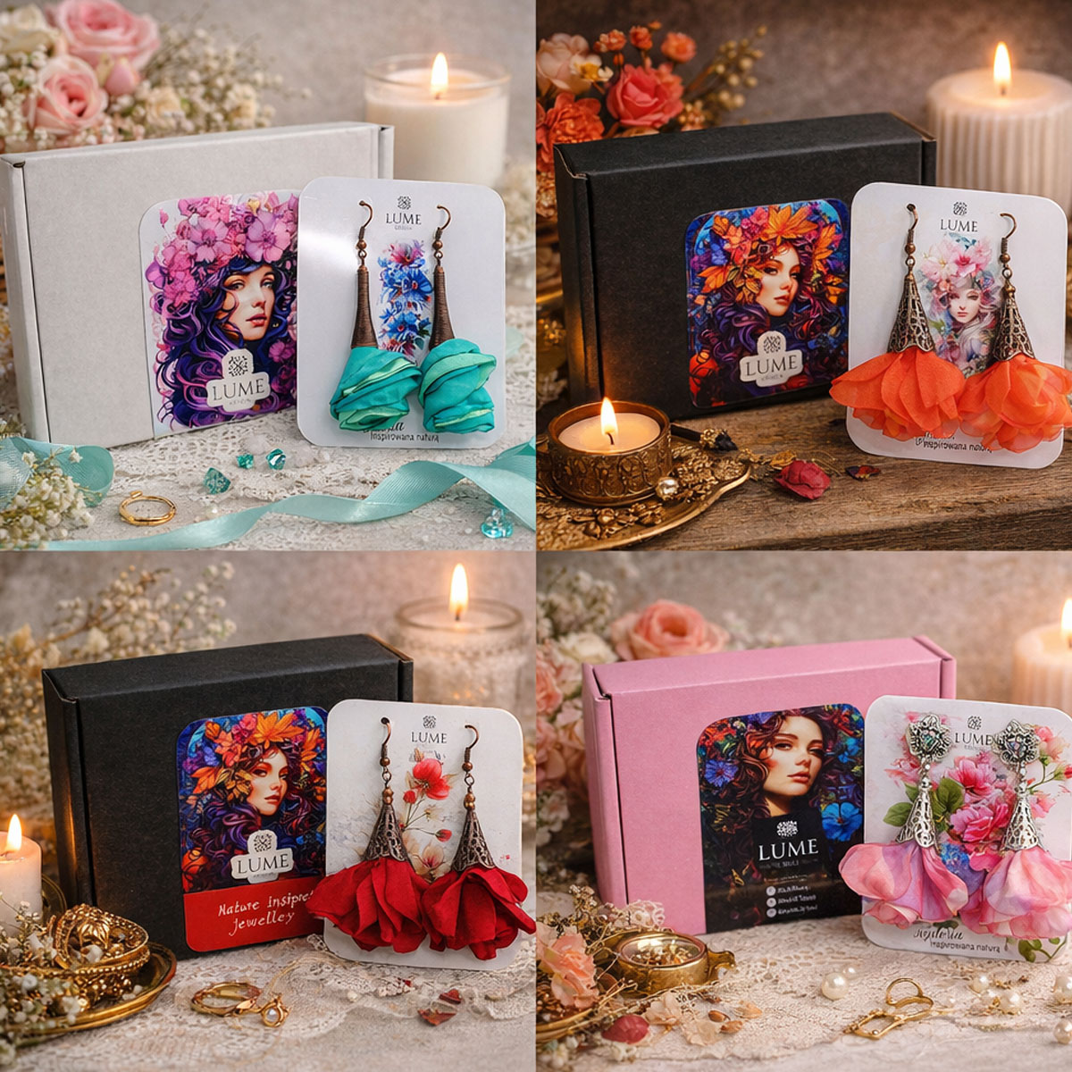 Kolczyki Kwiaty Satynowe Fuksja Lume Design Długie, różowe kolczyki materiałowe fuksja z satynowych płatków kwiatów, srebrne zapięcia