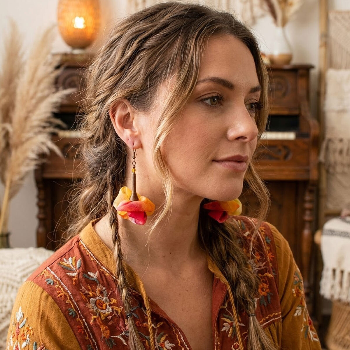 Długie kolorowe kolczyki kwiaty Lume Design stylizacja etno jesień