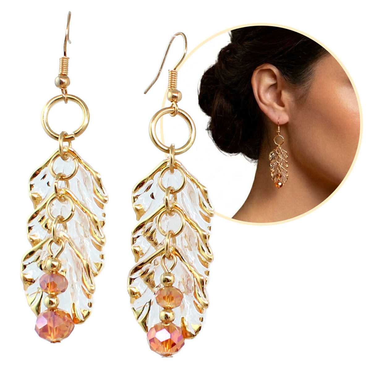 Długie kolczyki płatki przezroczyste złote brzegi kryształki Lume Design