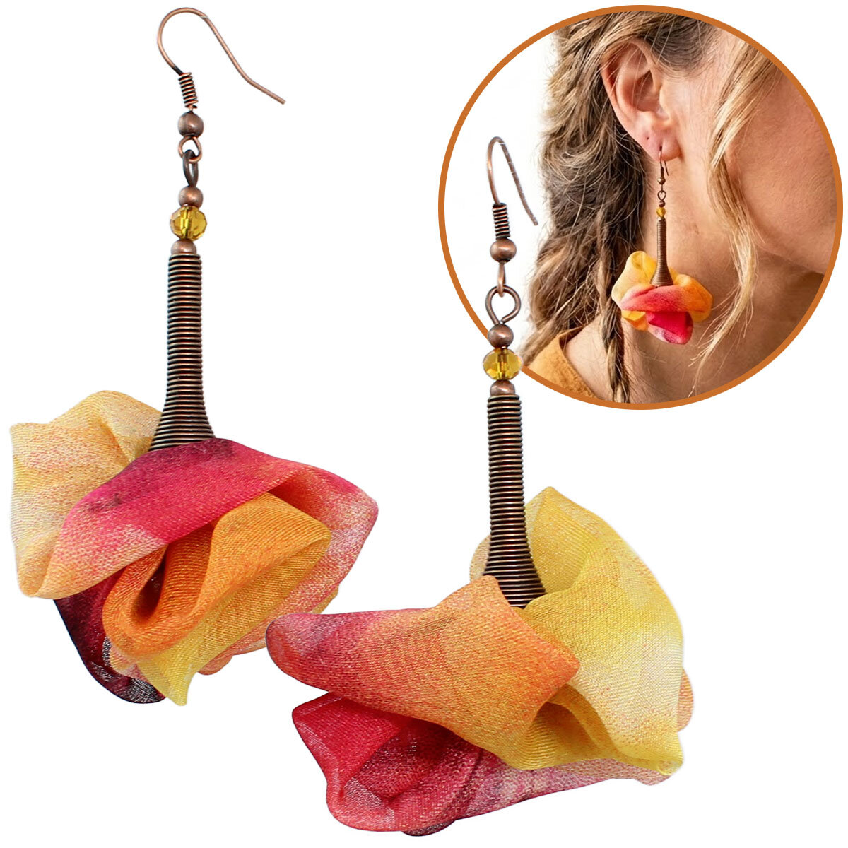 Unikatowe kolczyki kwiaty Lume Design jesienny multikolor antyczna miedź