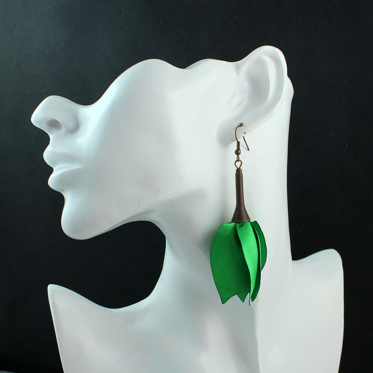 Długie Kolczyki Kwiaty Zielone Satynowe Antyczna Miedź