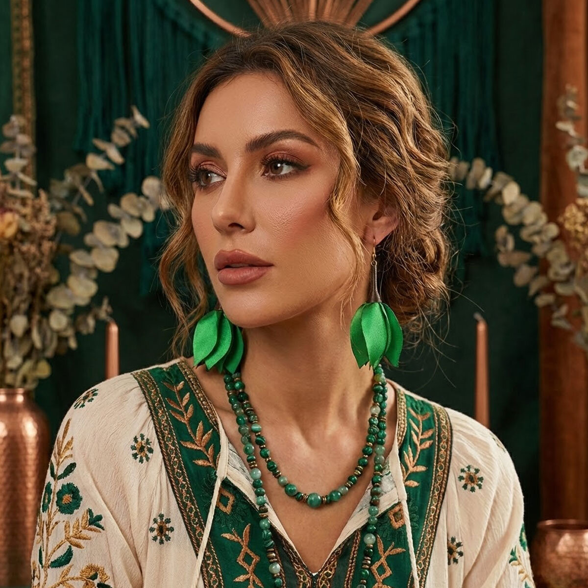 Długie Kolczyki Kwiaty Zielone Satynowe Antyczna Miedź