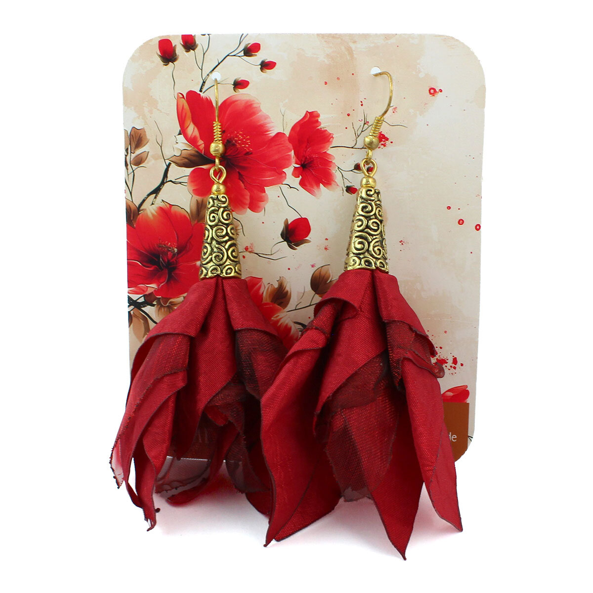 Kolczyki kwiaty Lume Design burgund czerwień Długie kolczyki kwiaty Lume Design burgundowe czerwone antyczne złoto