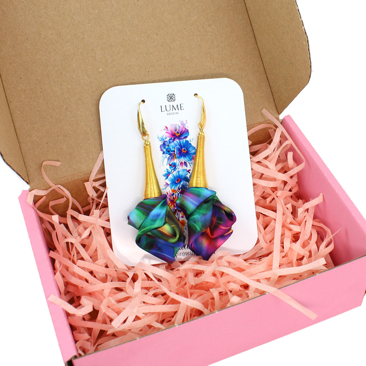 Unikatowe kolczyki kwiaty Lume Design multikolor tęczowe złote stal