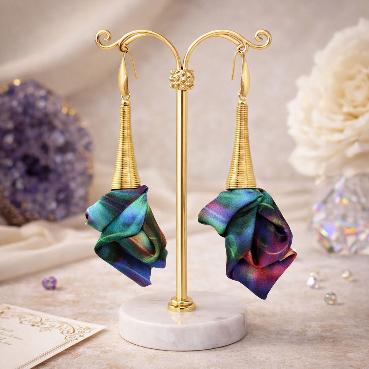 Unikatowe kolczyki kwiaty Lume Design multikolor tęczowe złote stal