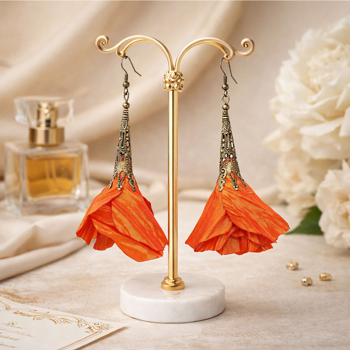 Długie kolczyki kwiaty Lume Design pomarańczowe żółte antyczny brąz