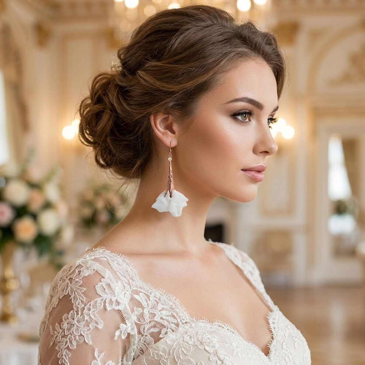 Kolczyki ślubne Lume Design białe Rose Gold Długie białe kolczyki kwiaty ślubne Lume Design Rose Gold różowe złoto