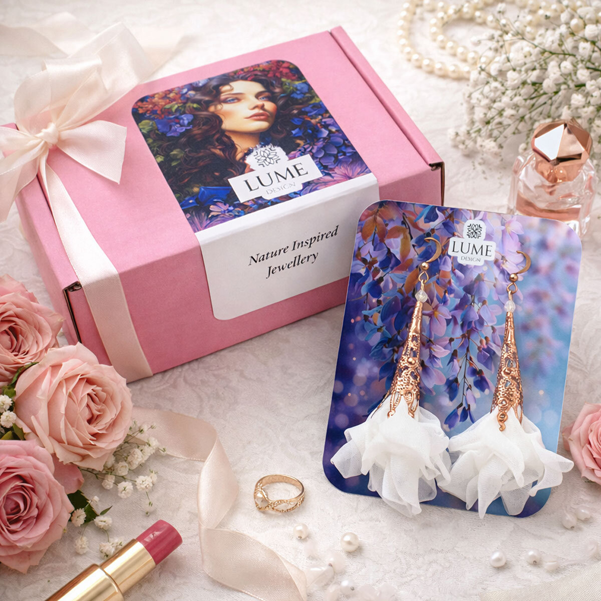 Kolczyki ślubne Lume Design białe Rose Gold Długie białe kolczyki kwiaty ślubne Lume Design Rose Gold różowe złoto