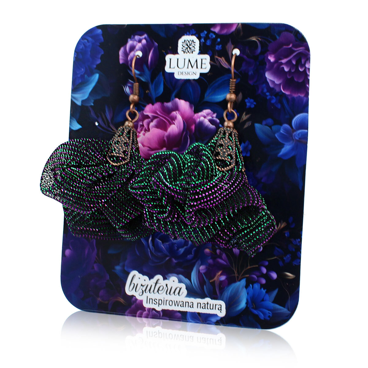 Ultralekkie kolczyki kwiaty Lume Design duochrom zielony fiolet siateczka miedź