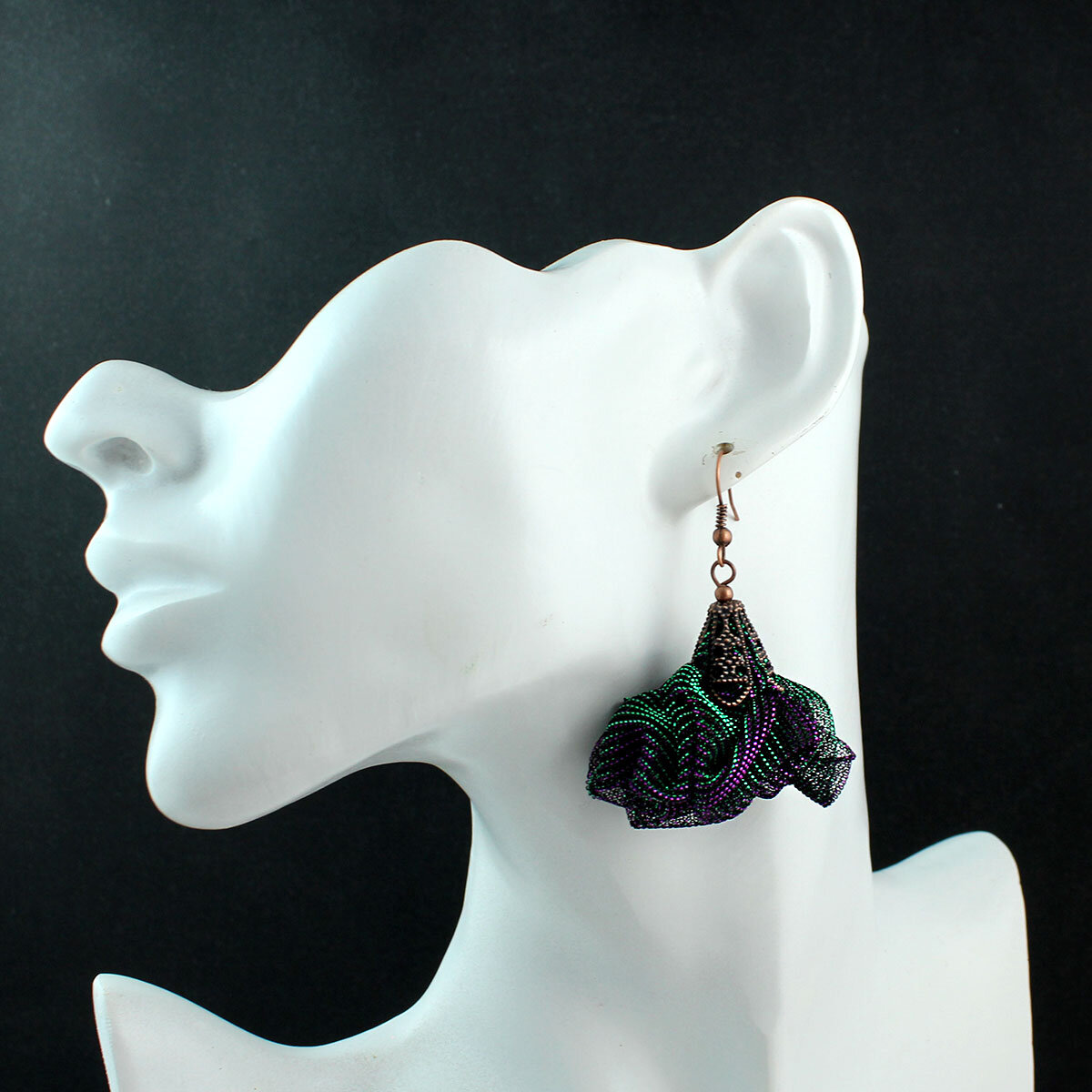 Ultralekkie kolczyki kwiaty Lume Design duochrom zielony fiolet siateczka miedź