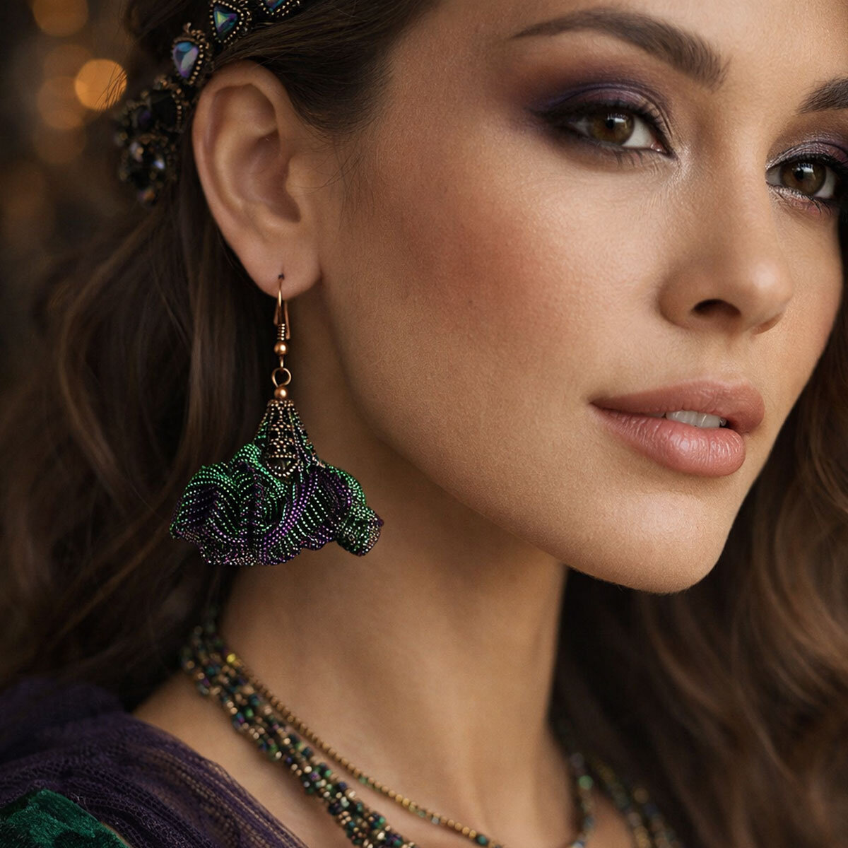 Ultralekkie kolczyki kwiaty Lume Design duochrom zielony fiolet siateczka miedź