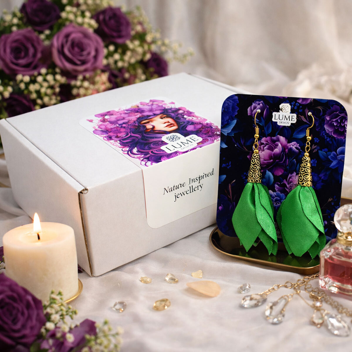 Długie kolczyki kwiaty Lume Design zielone satynowe antyczne złoto