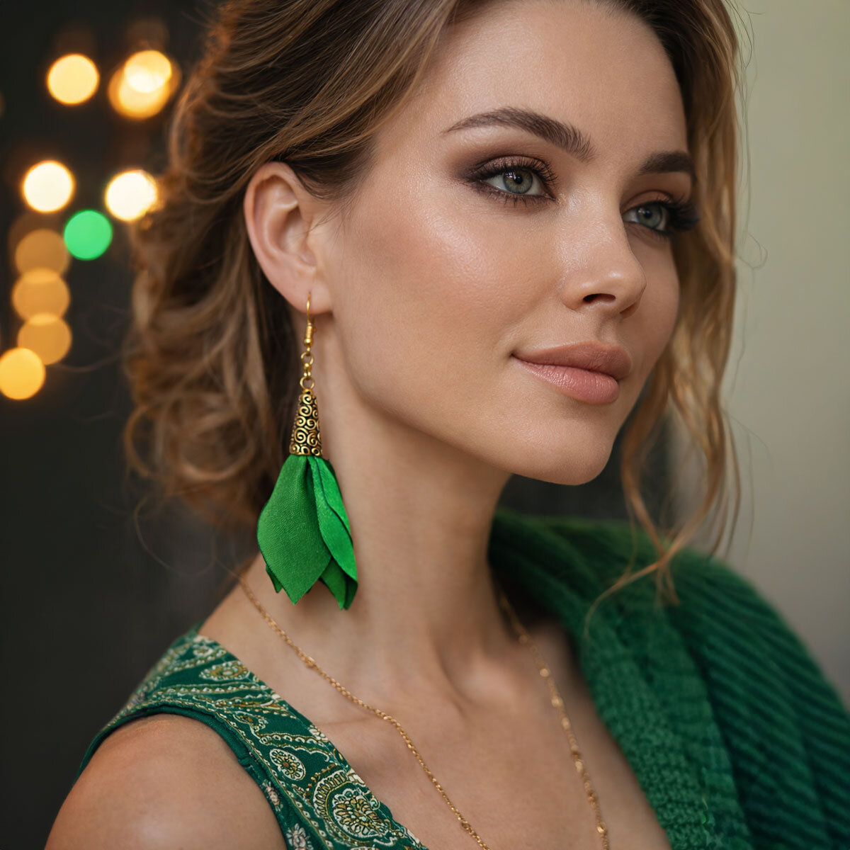 Zbliżenie na satynowe płatki i zdobione złote wykończenie kolczyków Lume Design