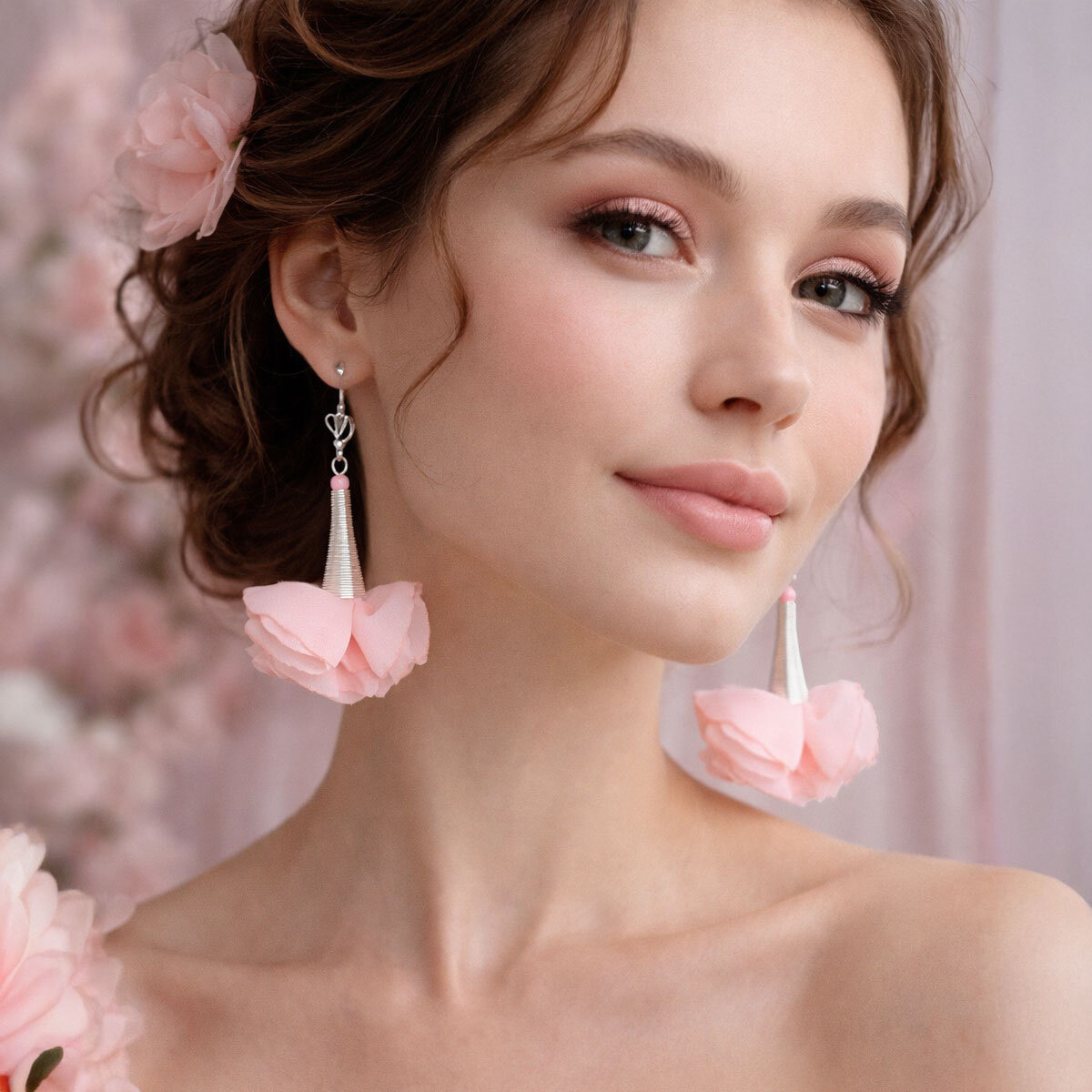 Romantyczne kolczyki różowe kwiaty stylizacja cottagecore