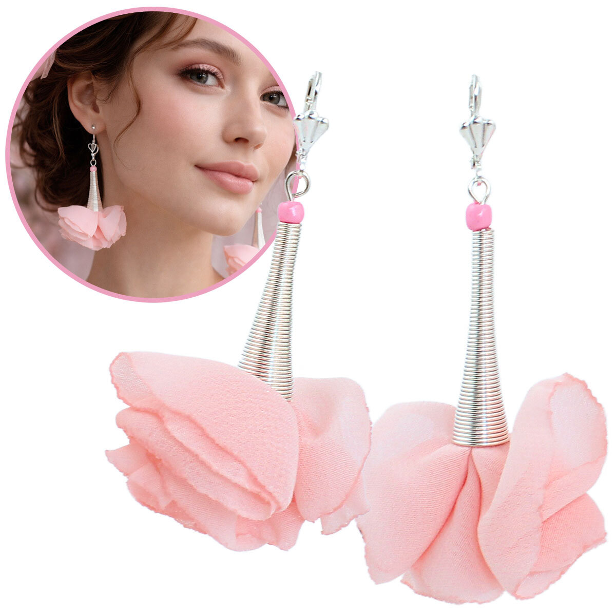 Romantyczne kolczyki różowe kwiaty stylizacja cottagecore