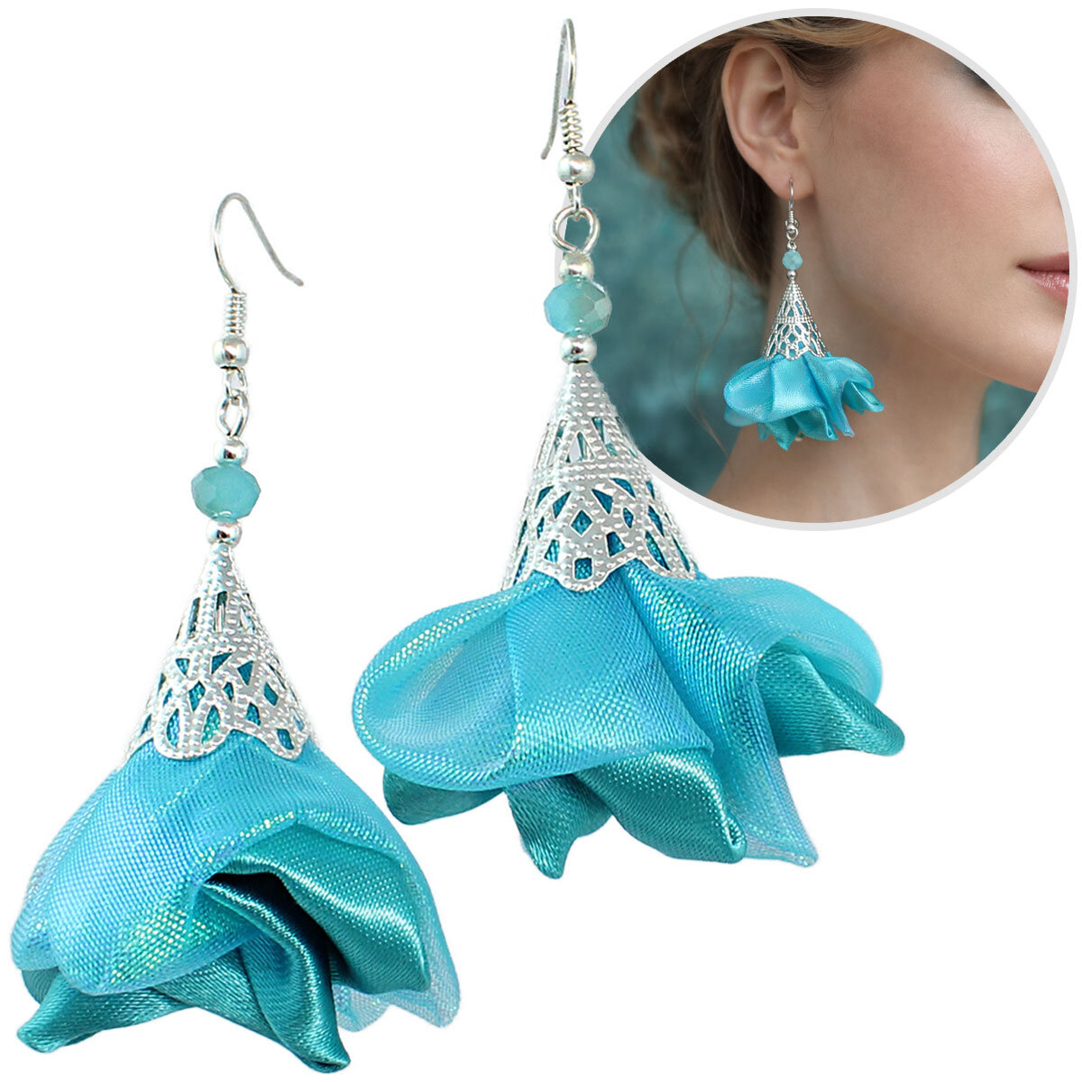 Długie kolczyki kwiaty morskie turkusowe iryzujące Lume Design srebrne