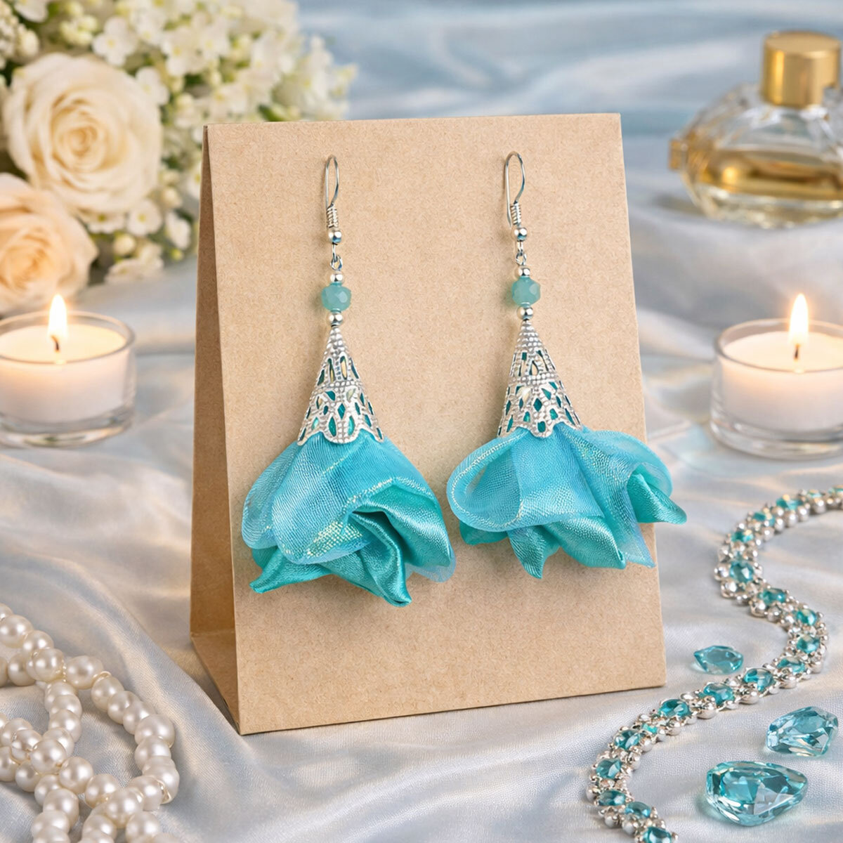 Długie kolczyki kwiaty morskie turkusowe iryzujące Lume Design srebrne