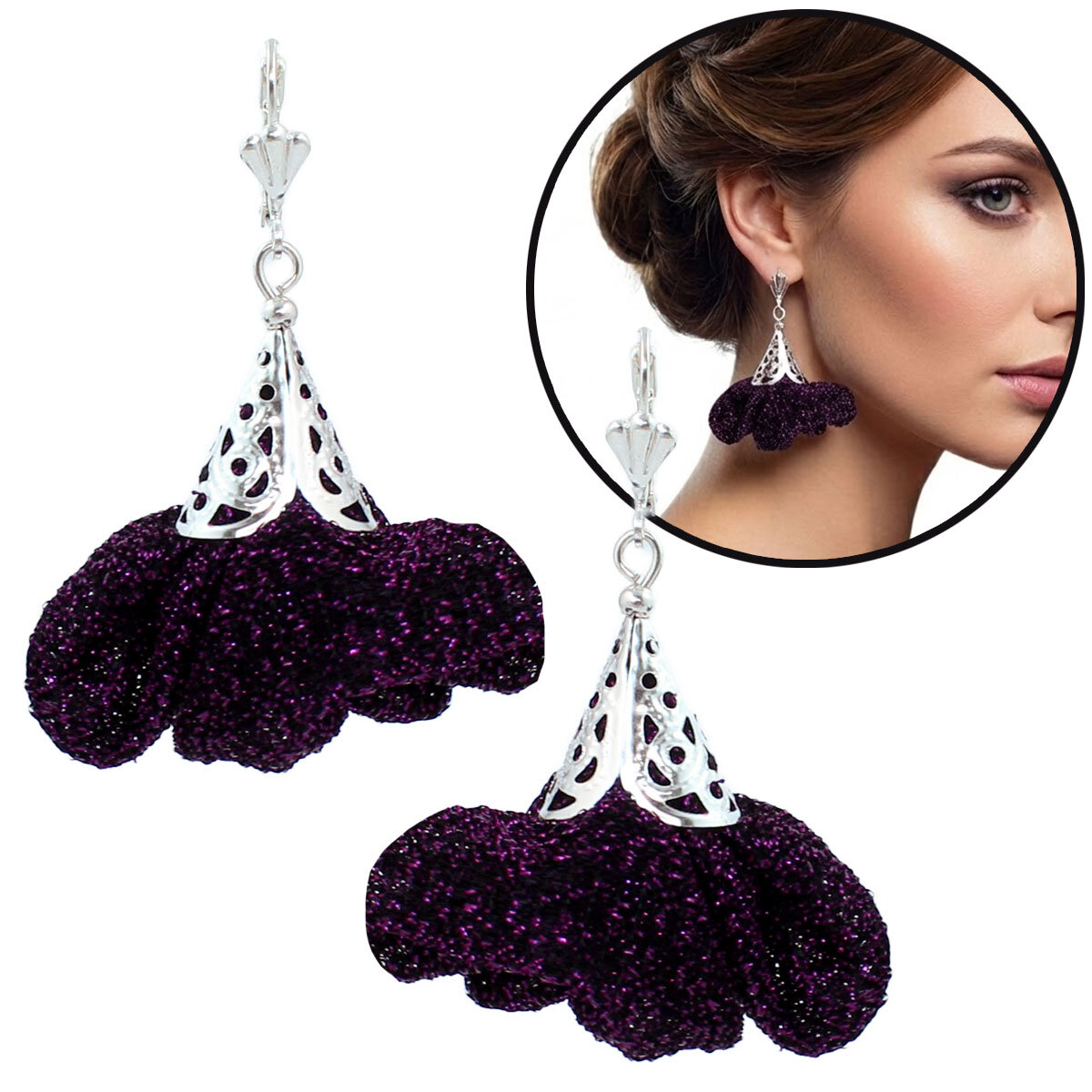 Kolczyki kwiaty ciemny fiolet mieniące rękodzieło