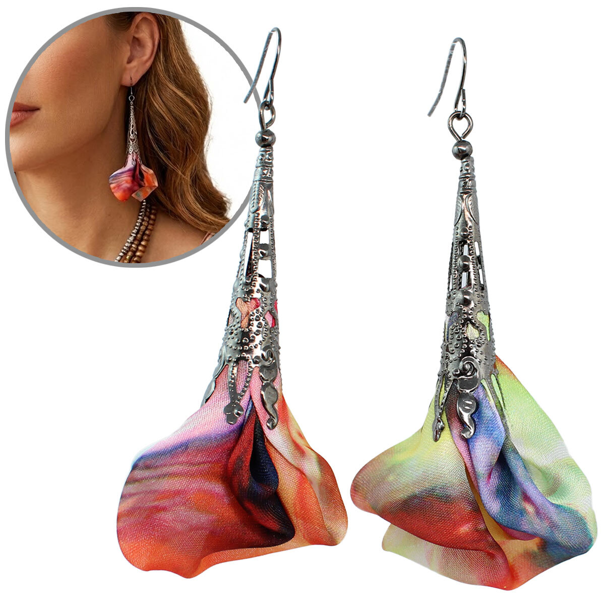 Unikatowe kolczyki kwiaty Lume Design multikolor pofarbowana tkanina gunmetal