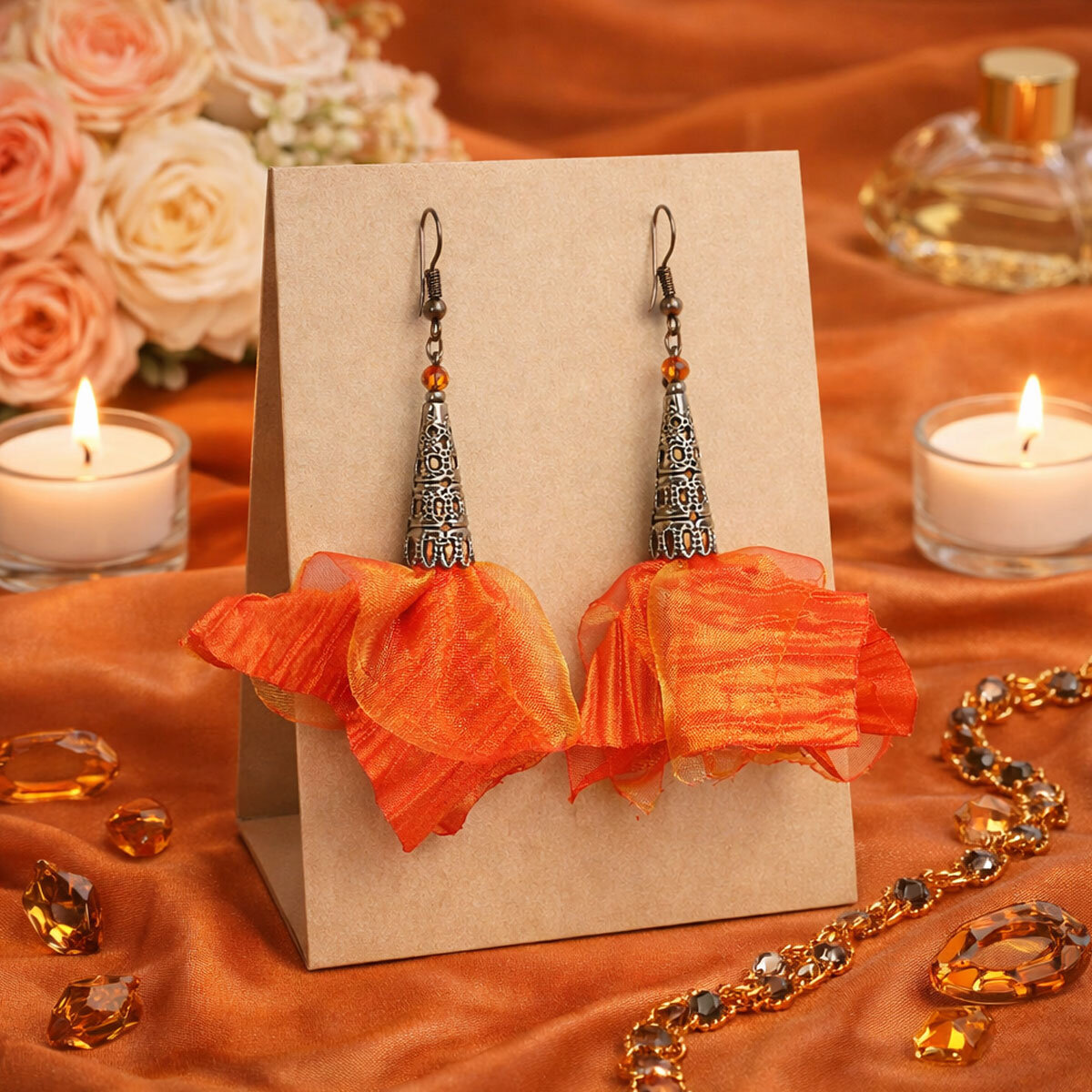 Kolczyki kwiaty Lume Design pomarańczowy różowy żółty Długie kolczyki kwiaty Lume Design pomarańczowe multikolor czarne wykończenie