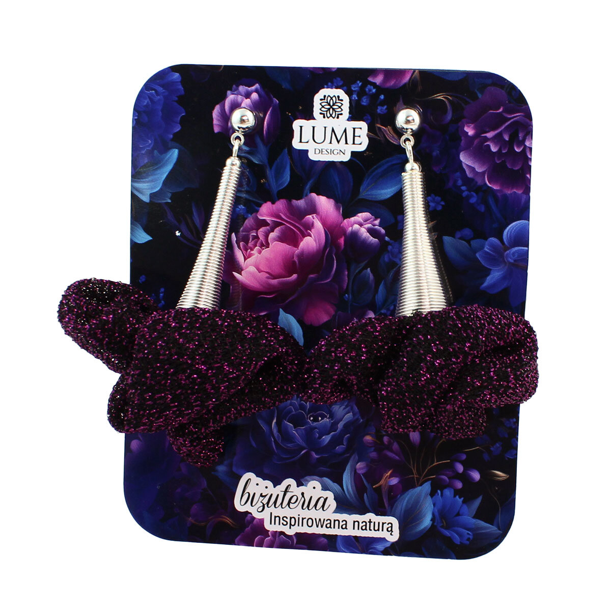 Ręcznie robione kolczyki z tkaniny ciemny fiolet lekkie błyszczące