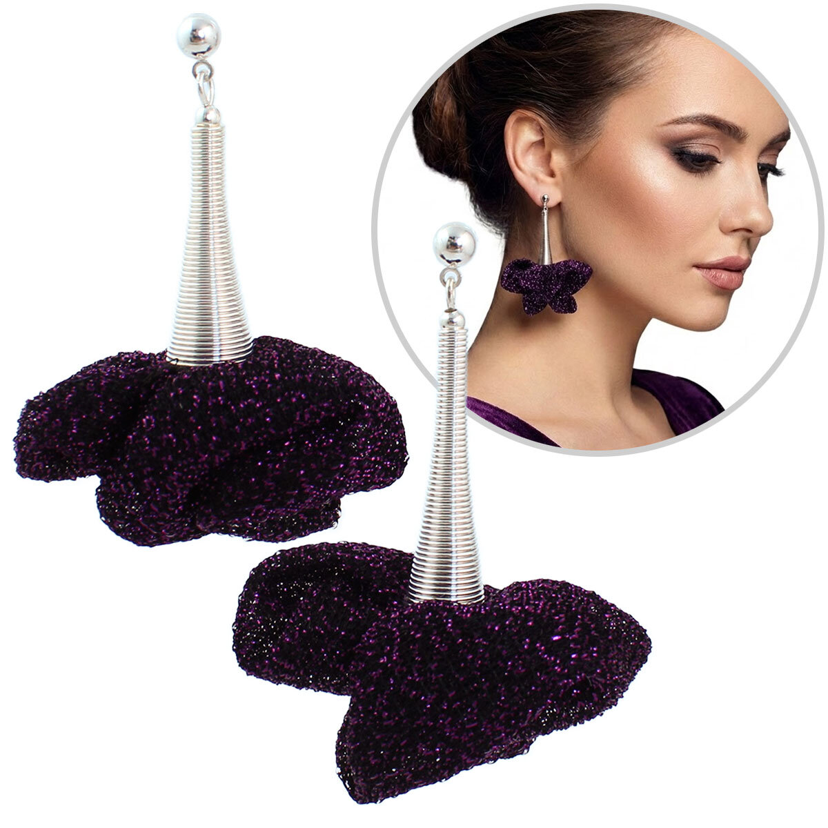 Ręcznie robione kolczyki z tkaniny ciemny fiolet lekkie błyszczące