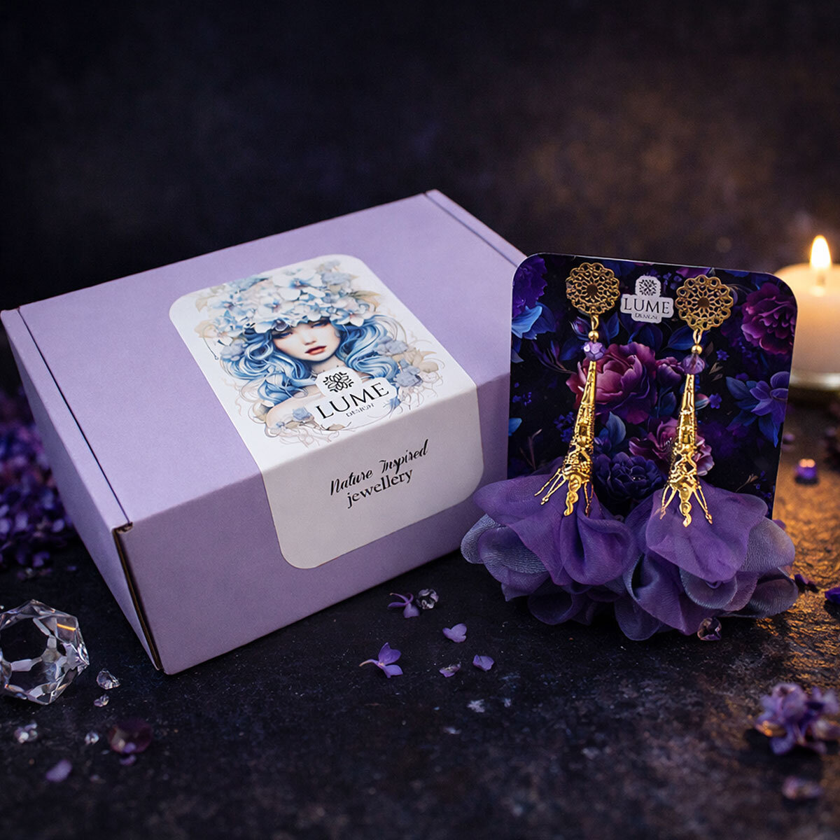 Kolczyki z tkaniny fioletowe mieniące lekkie handmade złote