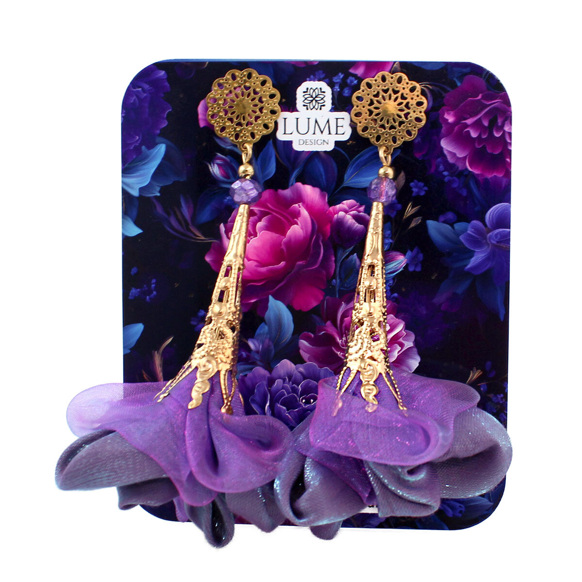 Kolczyki z tkaniny fioletowe mieniące lekkie handmade złote