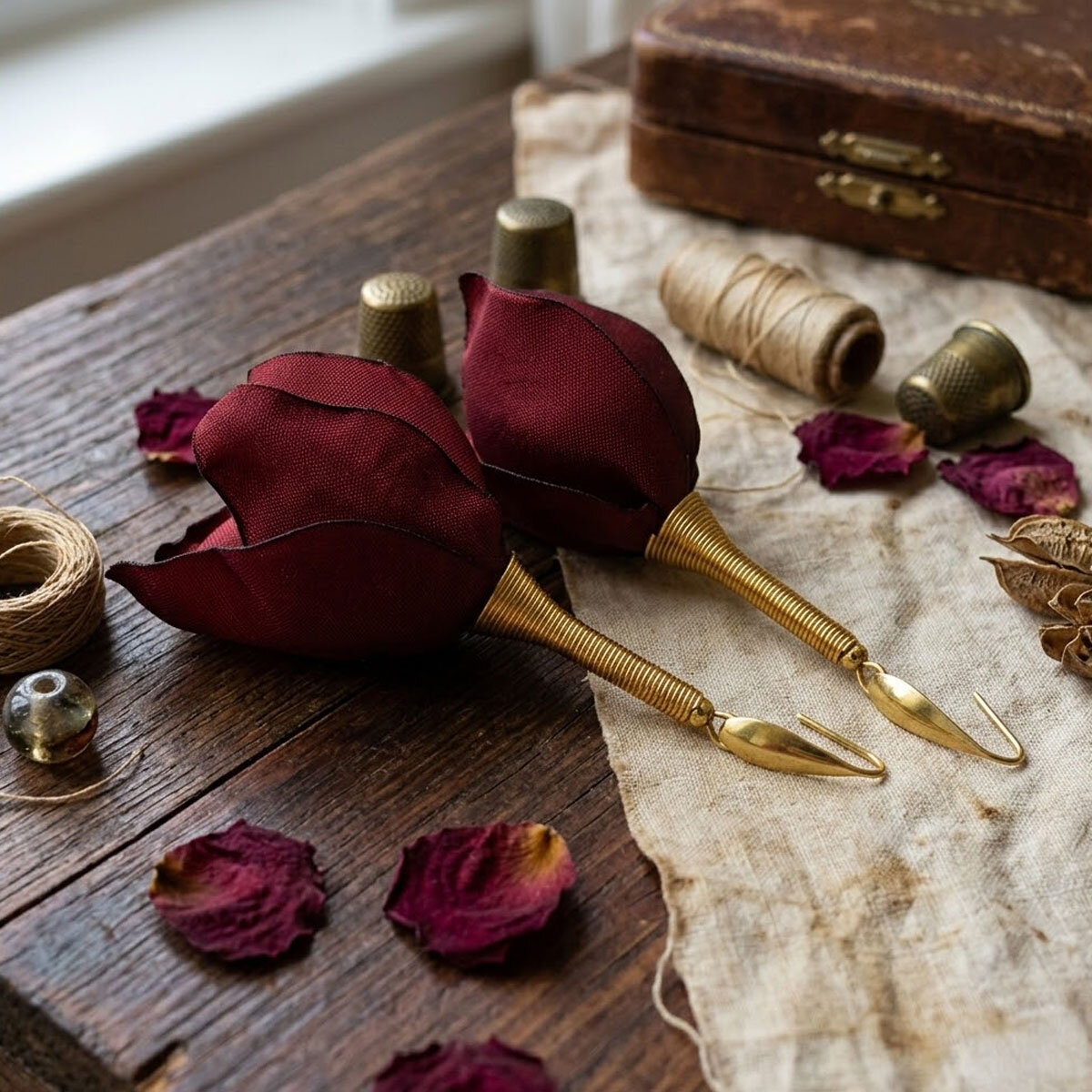 Długie, wiszące kolczyki w kształcie kwiatów uformowanych z asymetrycznych płatków tkaniny w kolorze ciemnego bordo