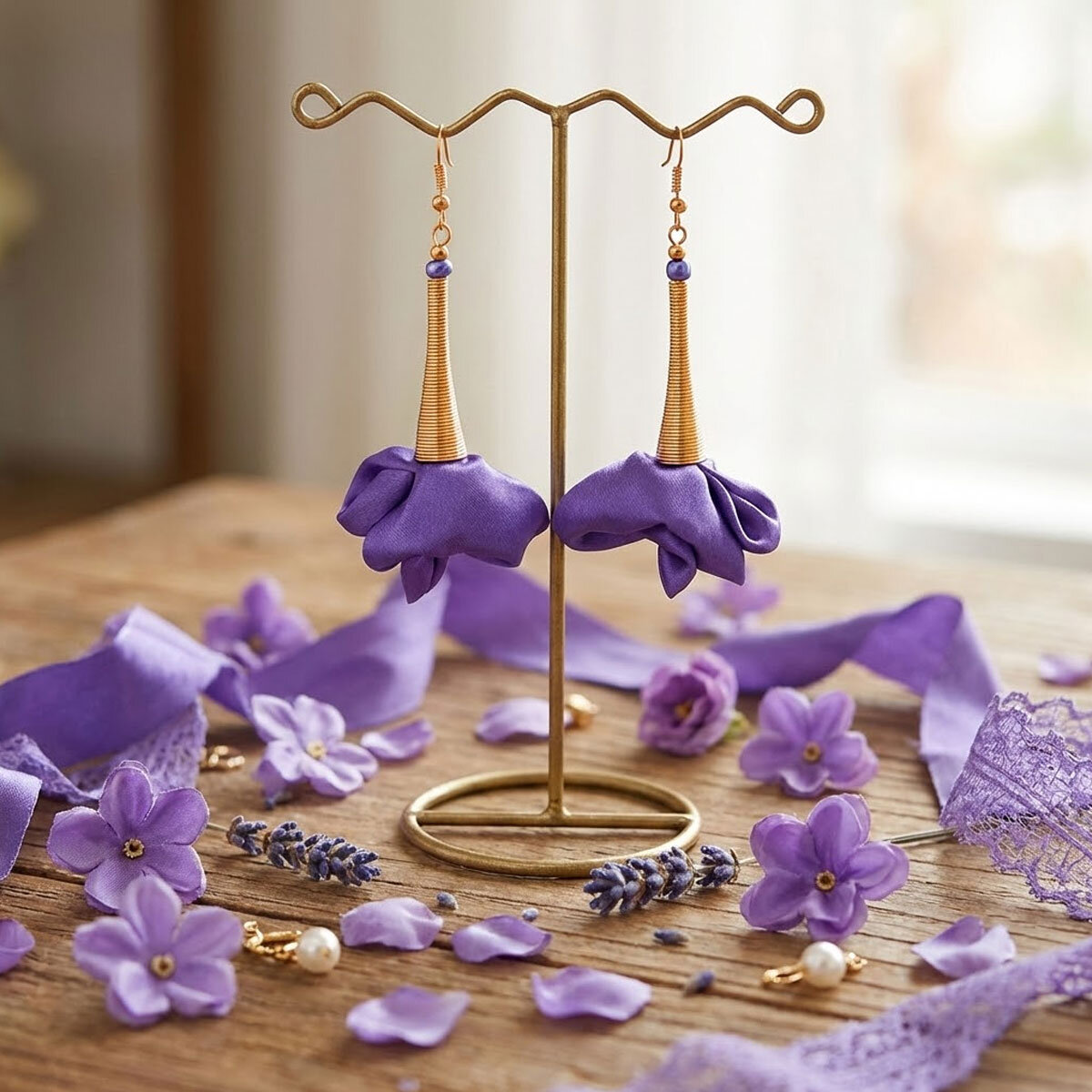 Długie kolczyki kwiaty fioletowe satynowe złote bigle Lume Design