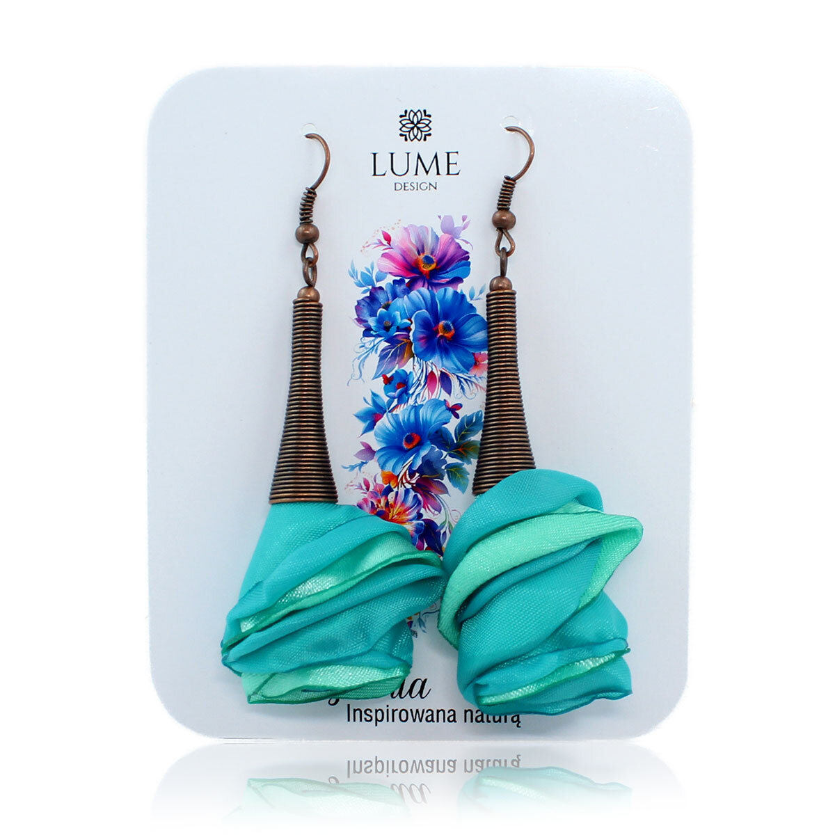 Kolczyki Turkusowe Kwiaty Miedź Lume Design Długie turkusowe kolczyki kwiaty z miedzianym spiralnym wykończeniem