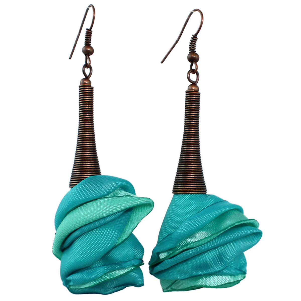 Kolczyki Turkusowe Kwiaty Miedź Lume Design Długie turkusowe kolczyki kwiaty z miedzianym spiralnym wykończeniem