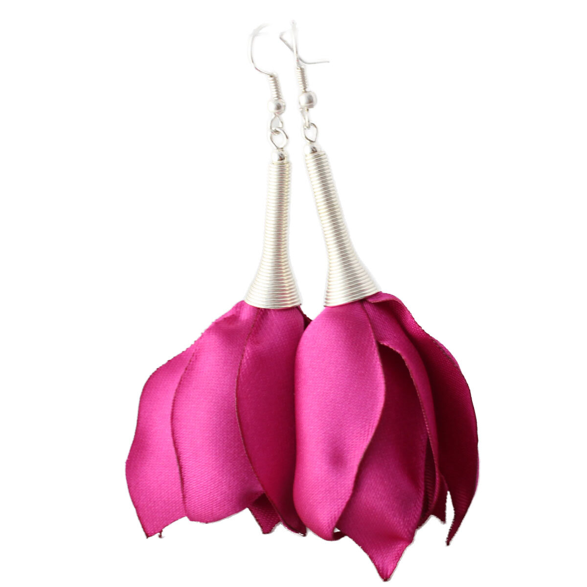 Kolczyki Kwiaty Satynowe Fuksja Lume Design Długie, różowe kolczyki materiałowe fuksja z satynowych płatków kwiatów, srebrne zapięcia