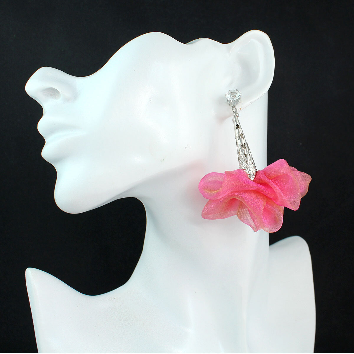 Długie kolczyki kwiaty mieniące się różowe pomarańczowe sztyfty