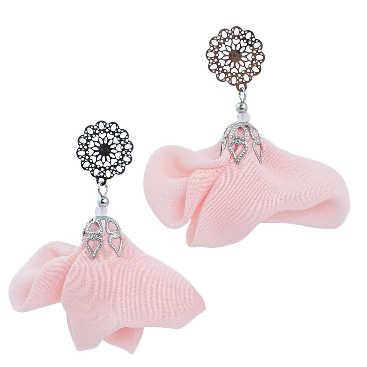 Kolczyki kwiaty pudrowy róż wiszące ażurowe rozety