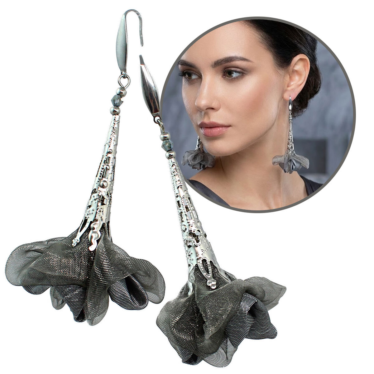 Długie grafitowe kolczyki kwiaty w ażurowym srebrnym wykończeniu