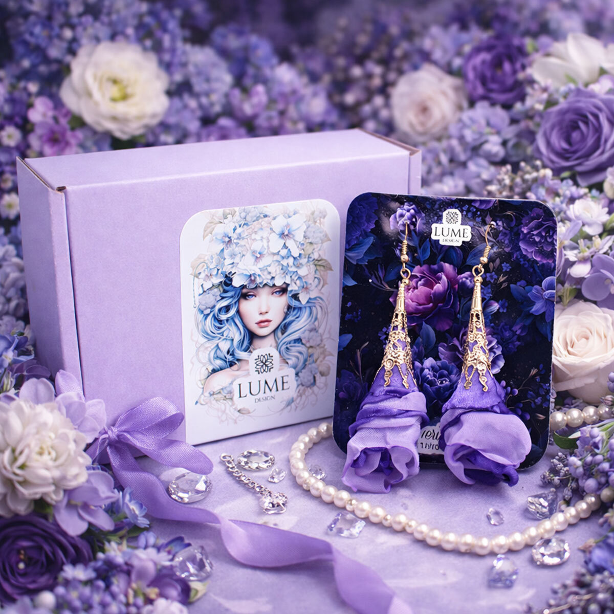 Kolczyki z tkaniny fioletowe ażurowe kwiaty złote KC gold – Lume Design