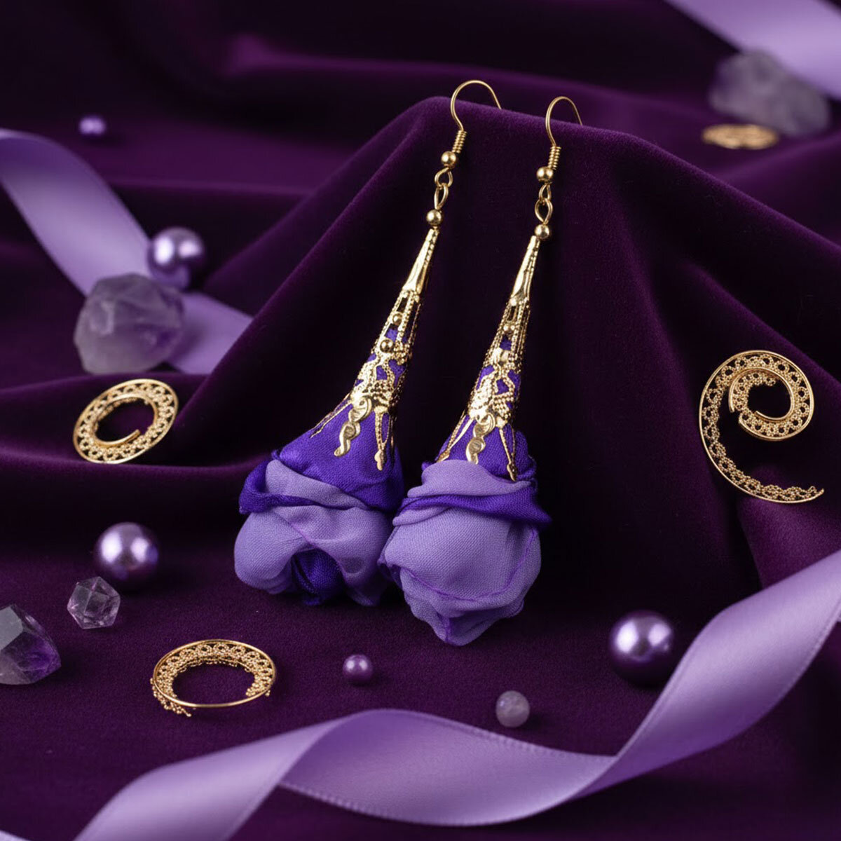 Kolczyki z tkaniny fioletowe ażurowe kwiaty złote KC gold – Lume Design
