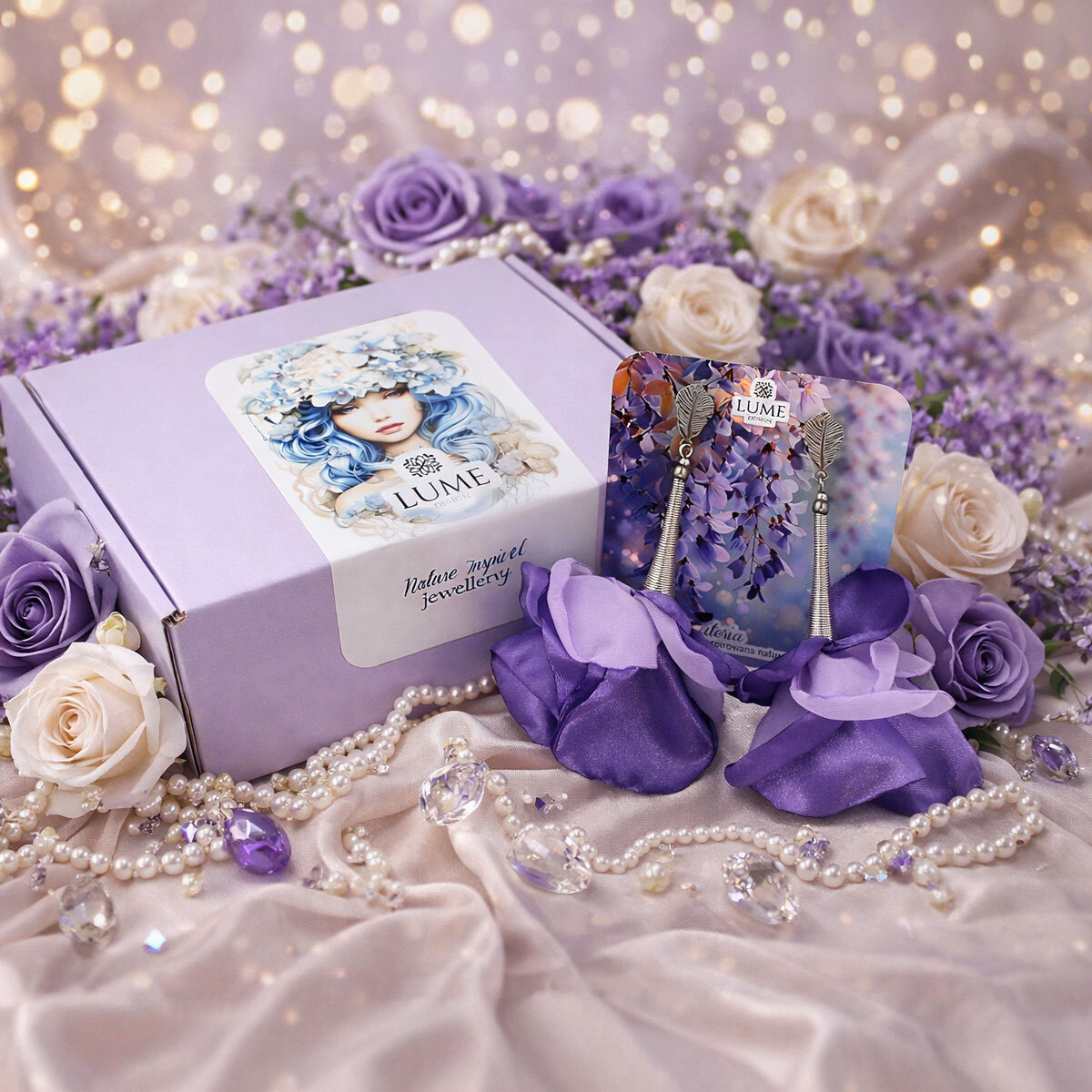 Duże kolczyki z tkaniny fioletowe kwiaty awangardowe srebrne handmade