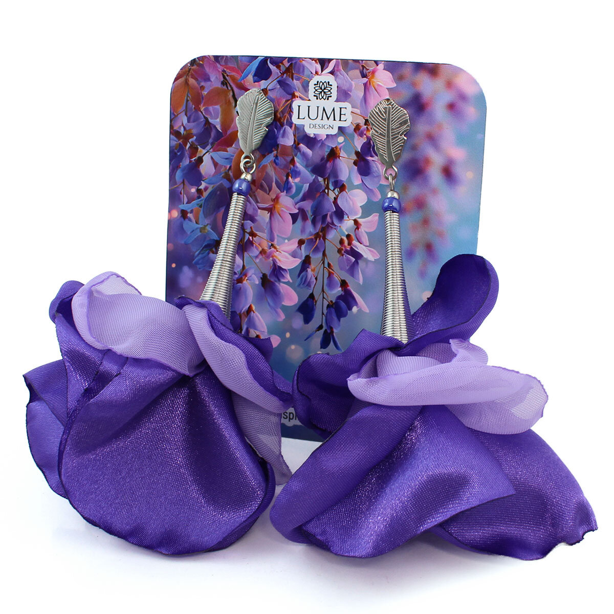 Duże kolczyki z tkaniny fioletowe kwiaty awangardowe srebrne handmade