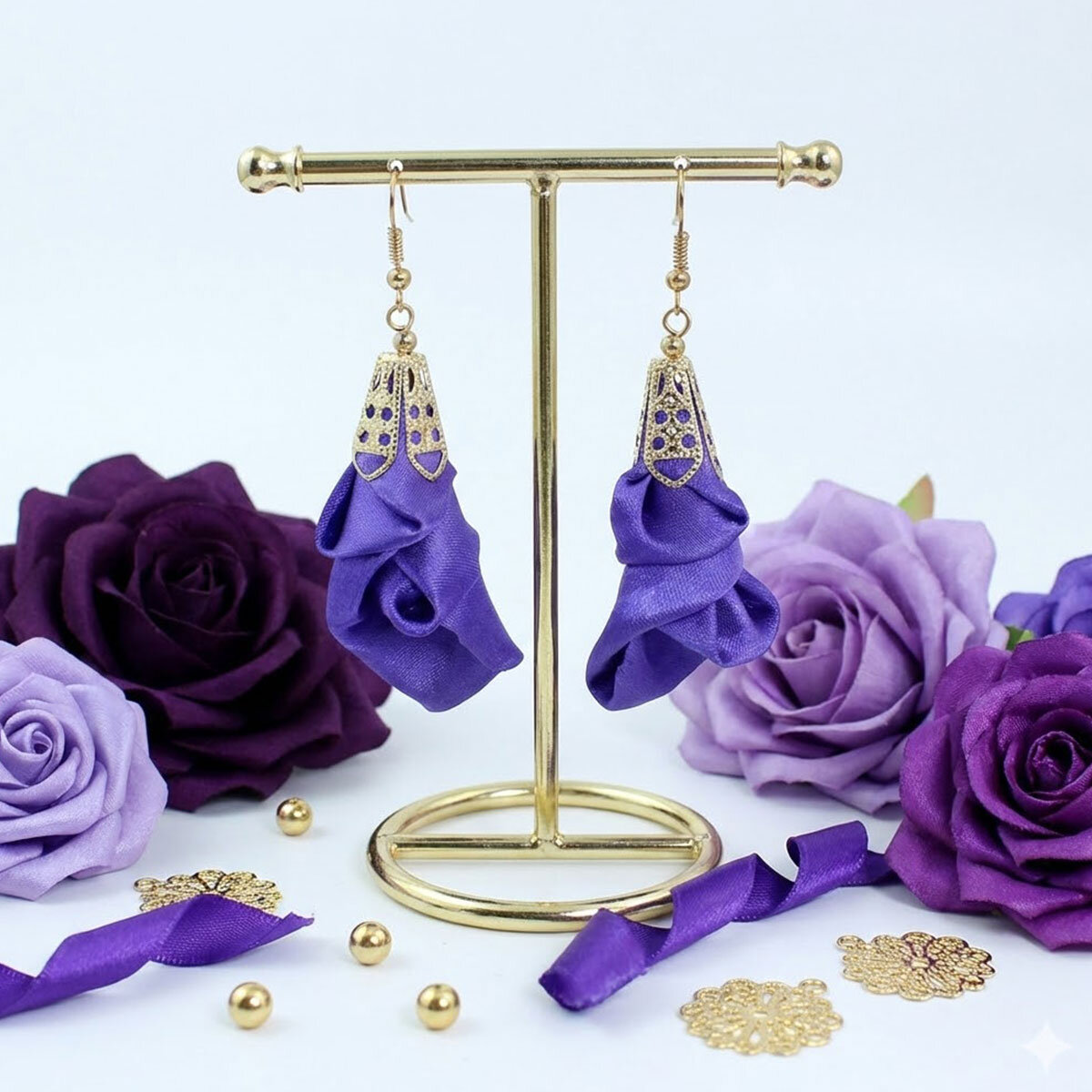 Kolczyki z tkaniny fioletowo granatowe ażurowe kwiaty złote – Lume Design