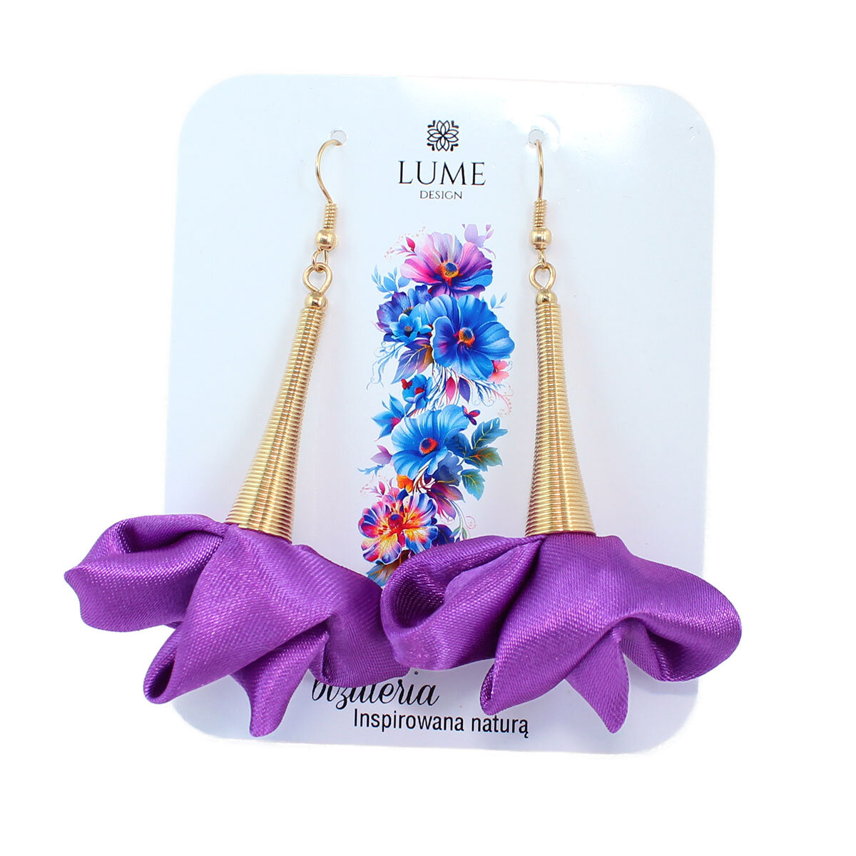 Kolczyki z tkaniny fiolet biskupi długie kwiaty złote KC gold – Lume Design