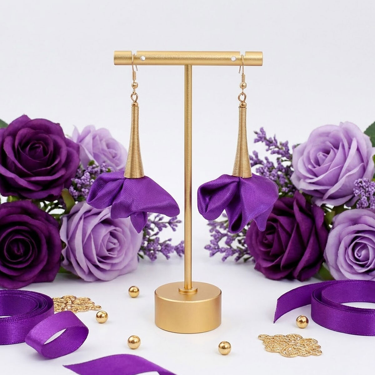 Kolczyki z tkaniny fiolet biskupi długie kwiaty złote KC gold – Lume Design