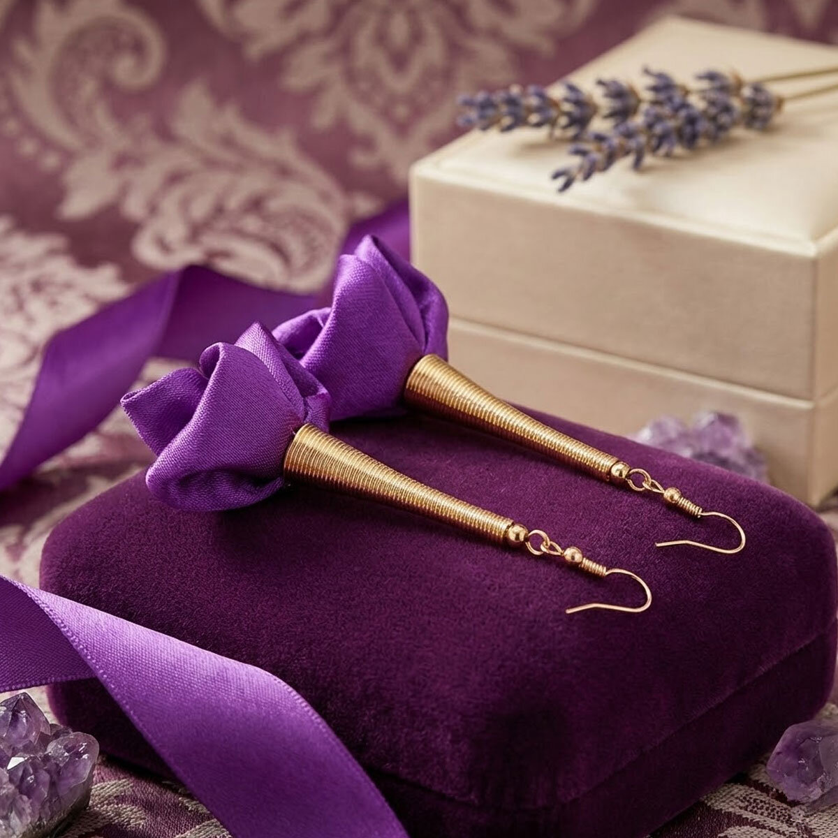 Kolczyki z tkaniny fiolet biskupi długie kwiaty złote KC gold – Lume Design
