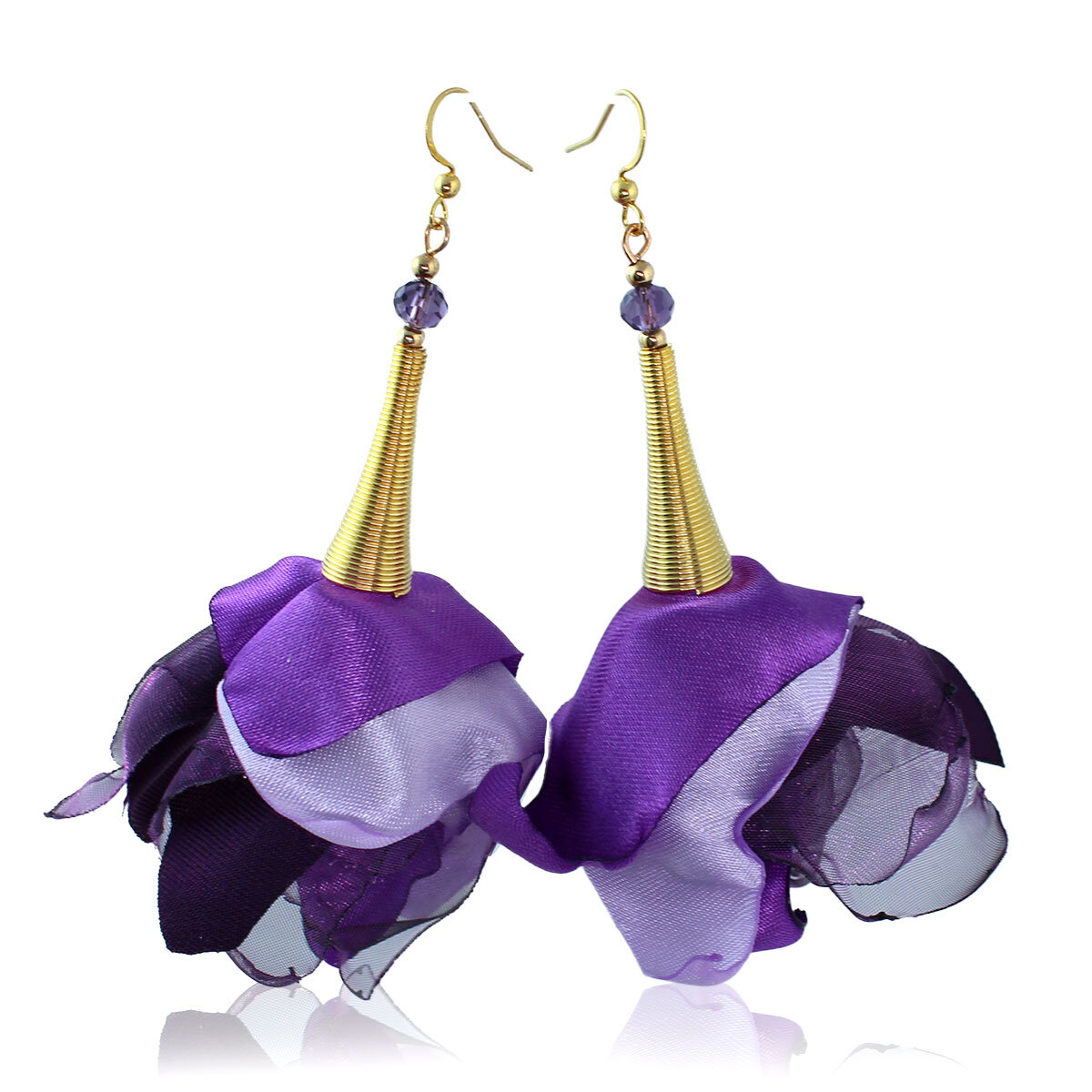 Kolczyki z tkaniny fiolet lawenda kwiaty złote wykończenia – Lume Design