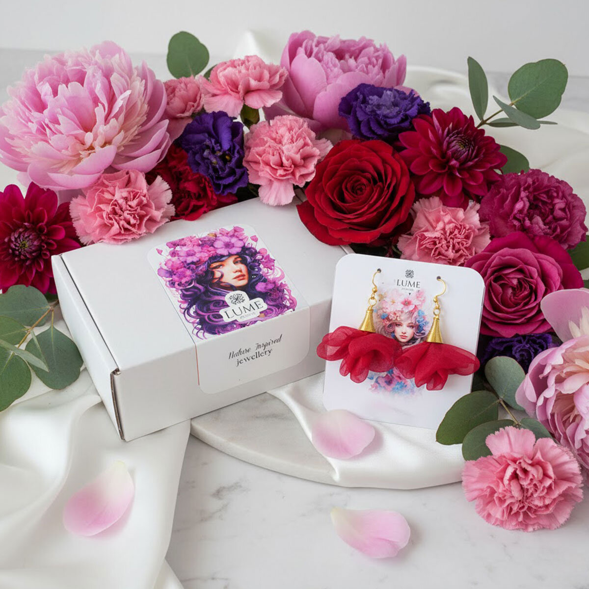 Lekkie kolczyki malinowe z tkaniny kwiaty złote wykończenia – Lume Design