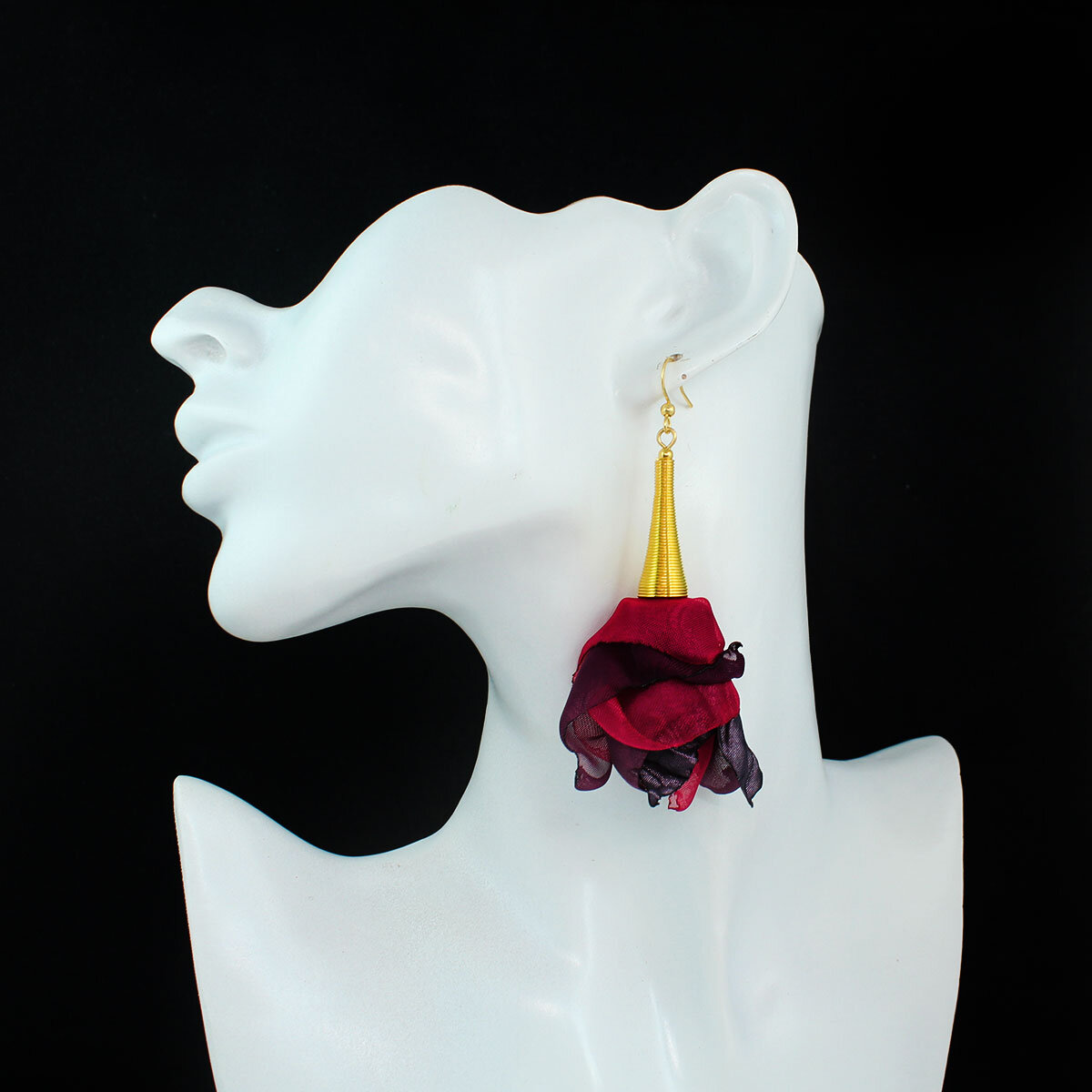 Kolczyki z tkaniny fiolet malinowy długie kwiaty boho – Lume Design