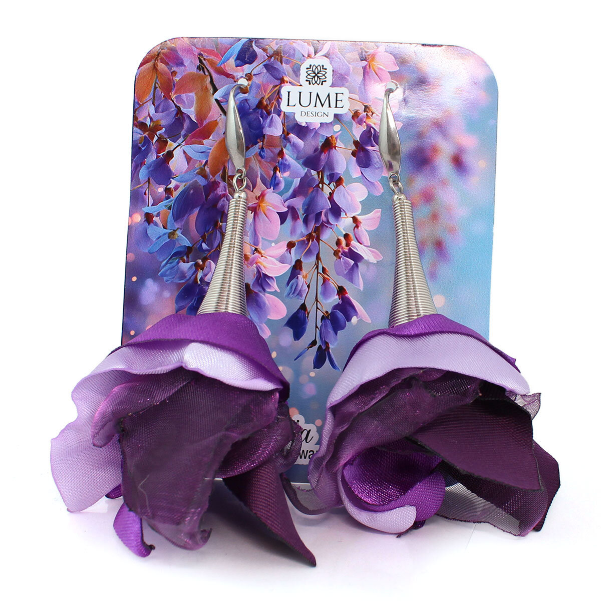 Kolczyki z tkaniny fioletowe długie kwiaty ciemne srebro stal