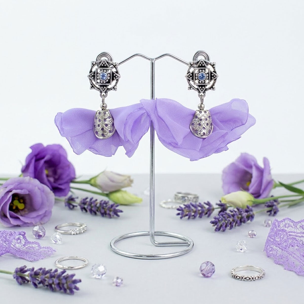 Lekkie Kolczyki Kwiaty Lawendowe Wrzosowe – Rękodzieło