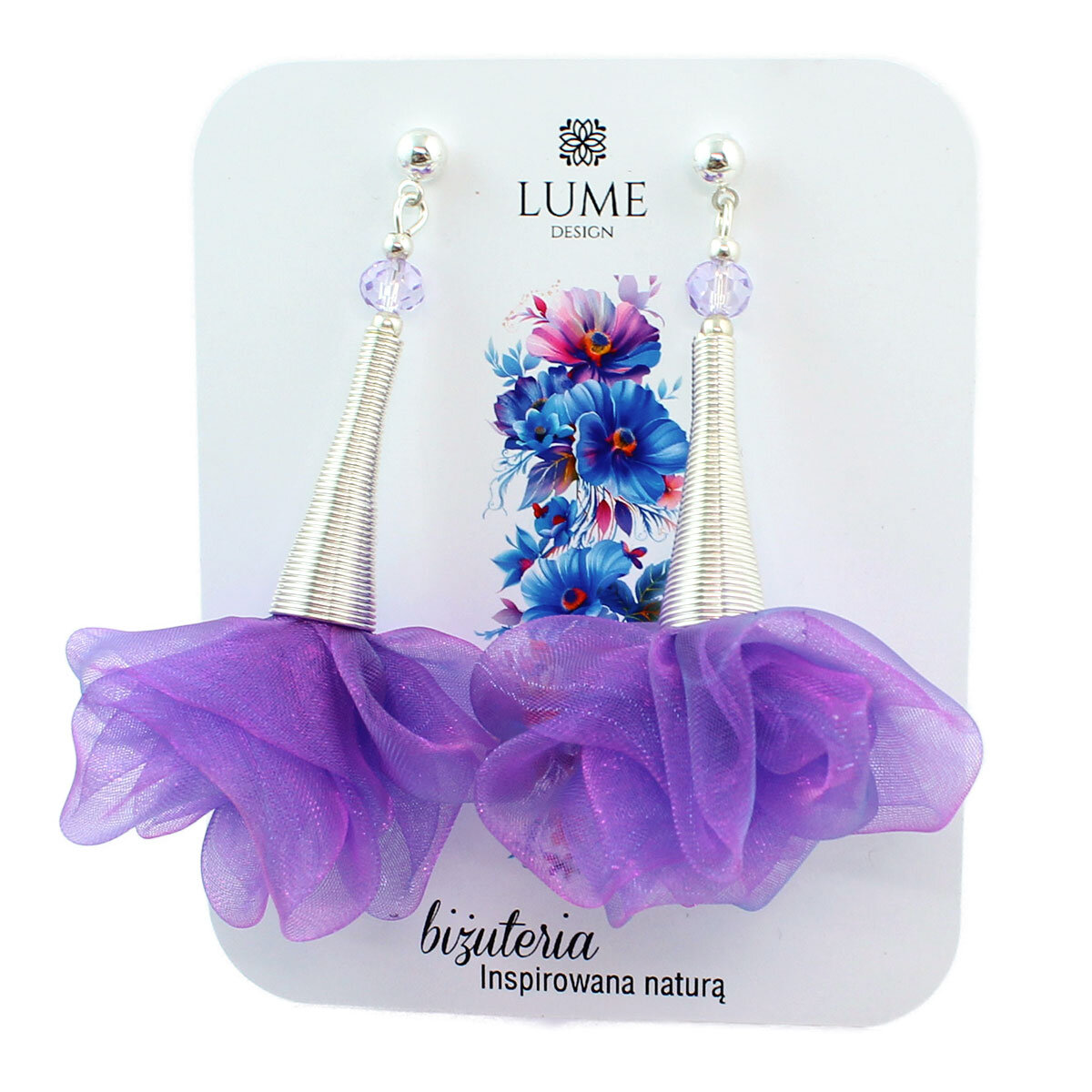 KolczykiKolczyki z tkaniny fioletowe z różowym połyskiem kwiaty srebrne sztyft z tkaniny fioletowe długie kwiaty ciemne srebro stal